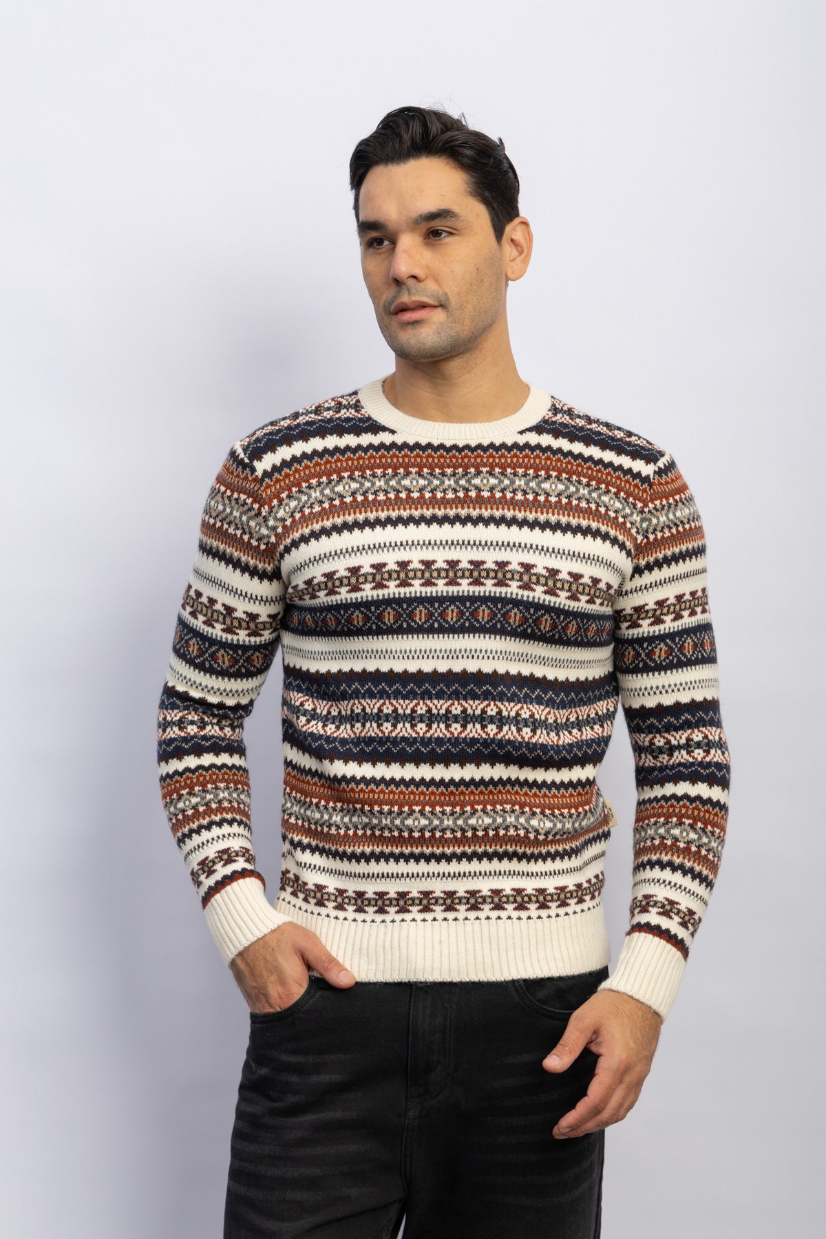 ROUND NECK JACQUARD PULLOVER - BEIGE الصورة الثانوية
